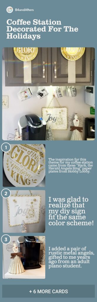 step by step decorating a coffee station with angel decor and pictures