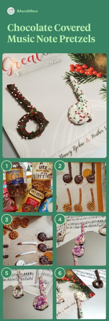 chocolate covered music note pretzels, step by step with pictures