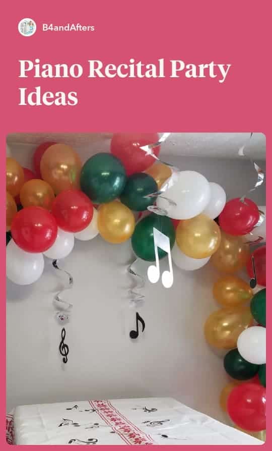 red, green, white, and gold balloon garland with music note swirls