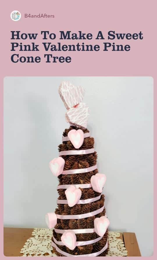 heart shaped marshmallows and pink ribbon on a pine cone tree