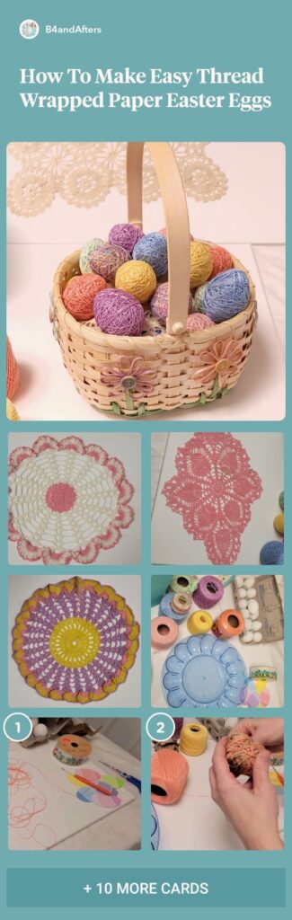 Thread wrapped pastel Easter eggs and doilies