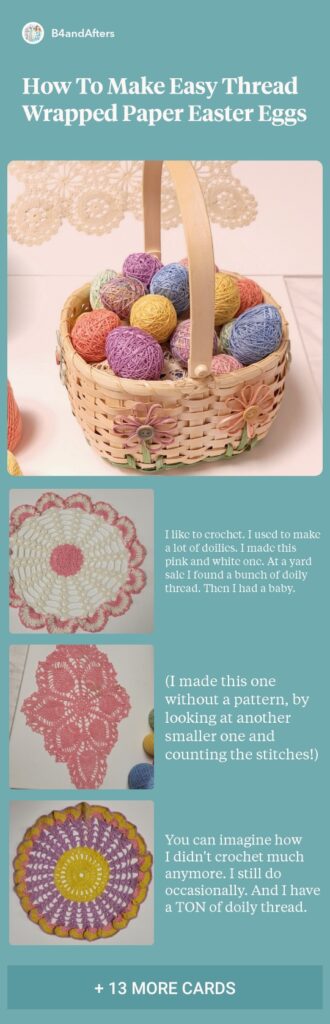 pastel thread wrapped Easter Eggs and doilies step by step