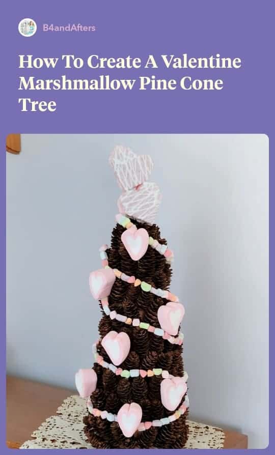 heart shaped marshmallows decorating a miniature pine cone tree