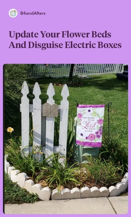 flower bed edged with white scalloped brick edging and a white picket fence gate section