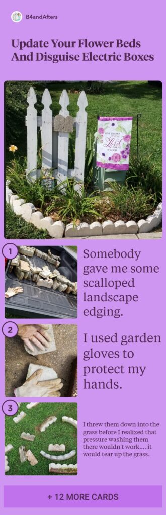 updated flower bed with white scalloped brick edging