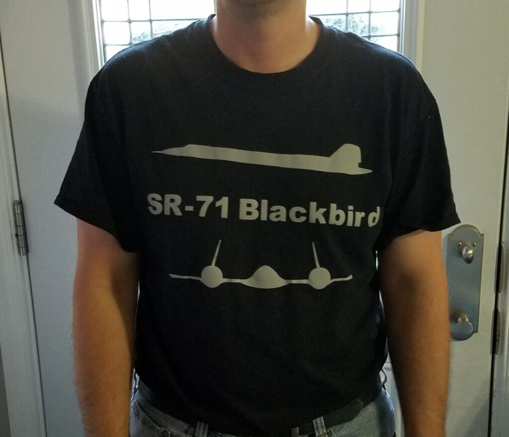 black tshirt with SR 71 blackbird