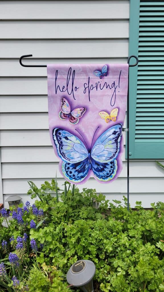 hello spring butterfly shaped garden flag