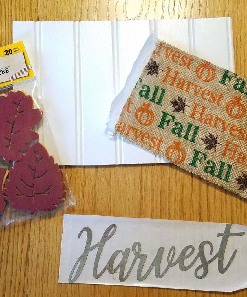 Harvest metal word, burlap ribbon, felt leaves