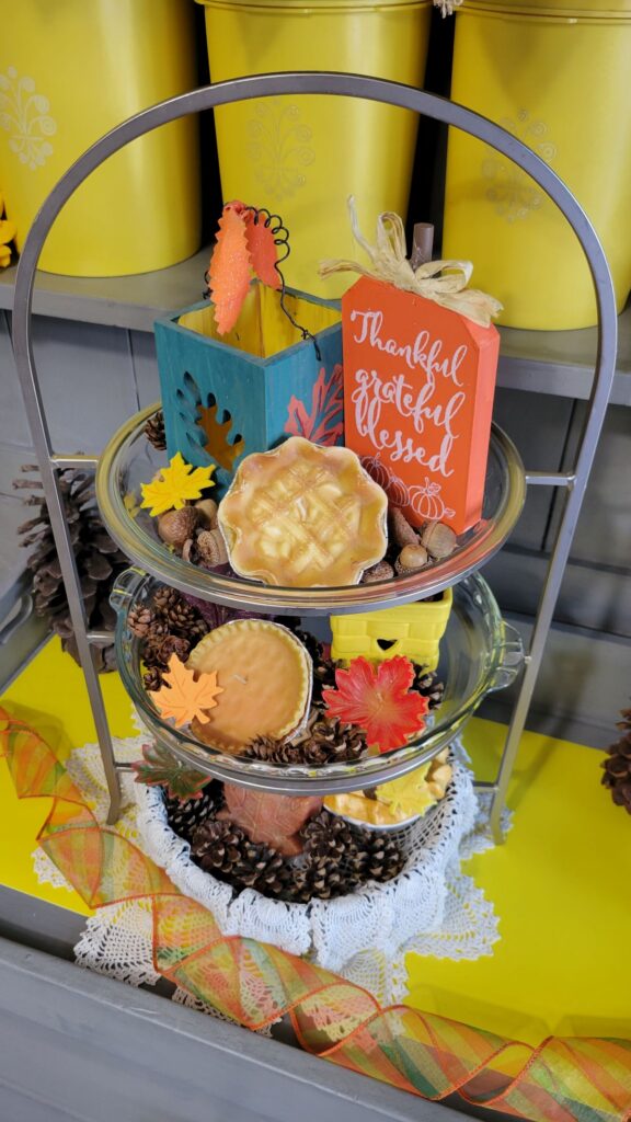 pie candles in a fall tiered tray