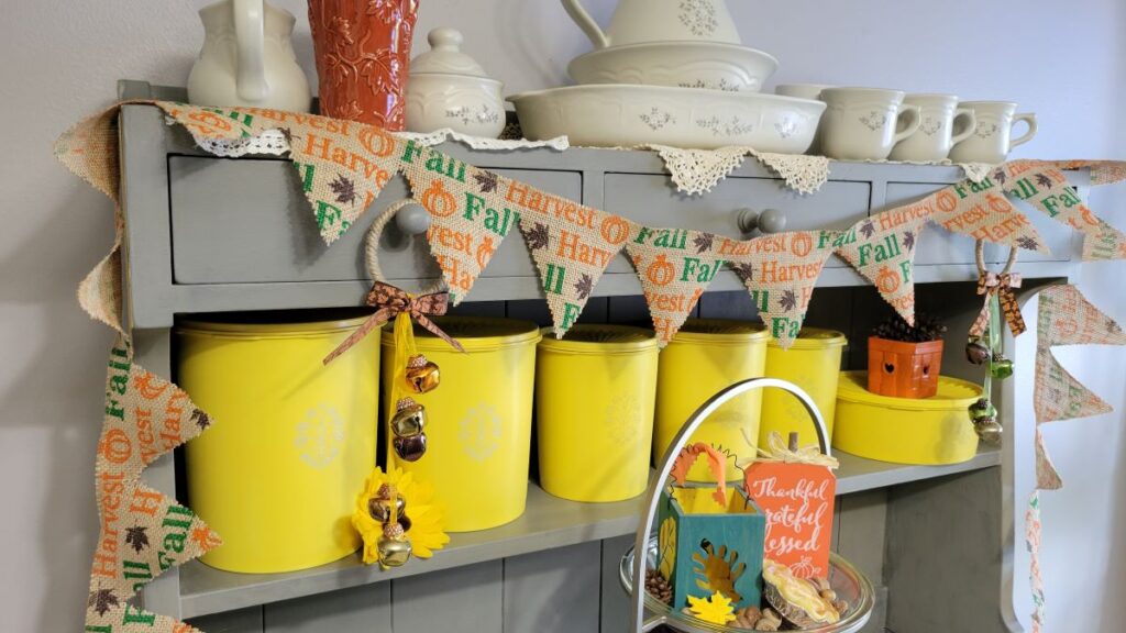 burlap banner on hutch for fall