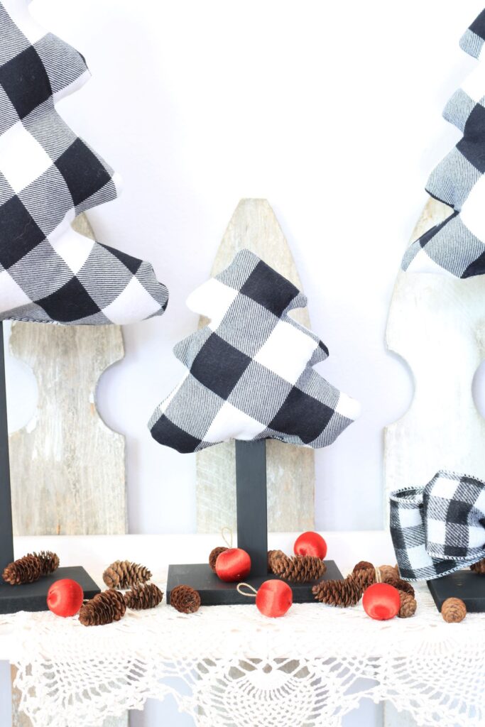 miniature fabric tree in black and white buffalo plaid