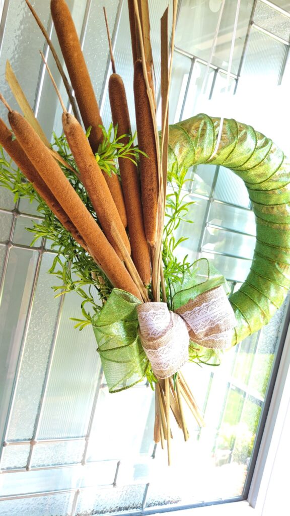 closeup of side of cattail wreath