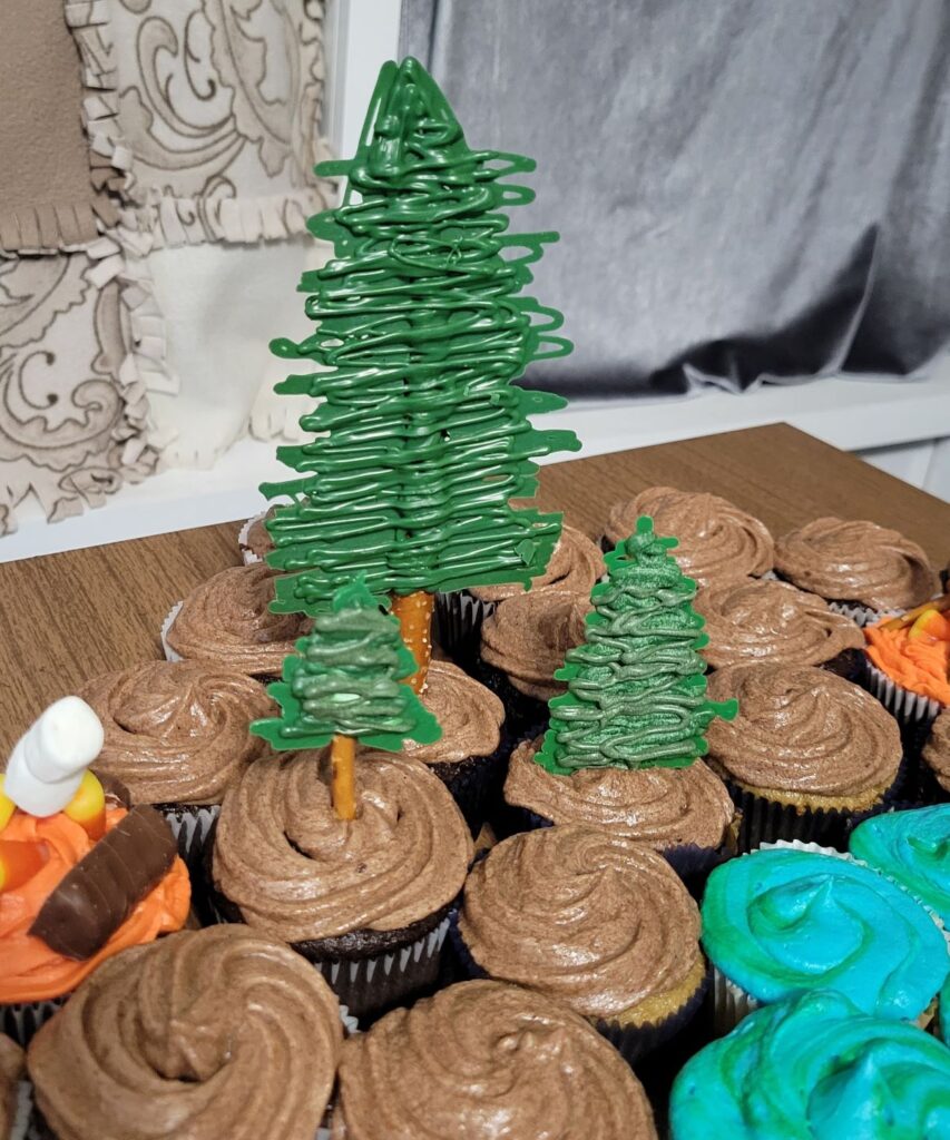 Pretzel tree on a cupcake