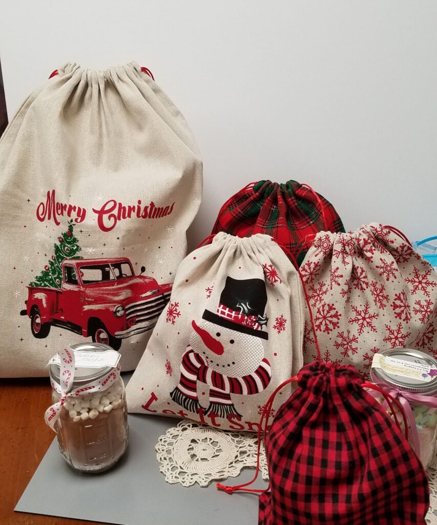 Christmas themed fabric gift bags