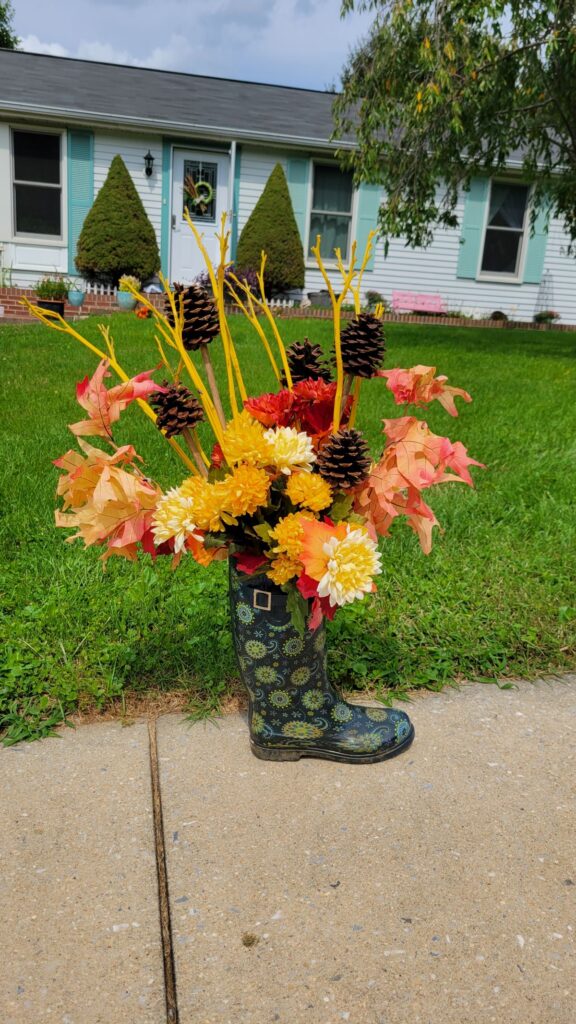 rainboot floral arrangement for fall