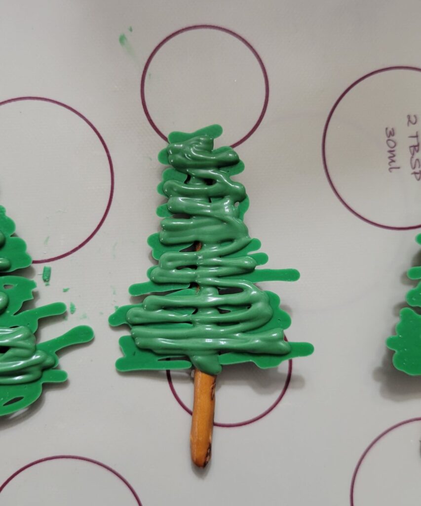 miniature pretzel tree with green chocolate