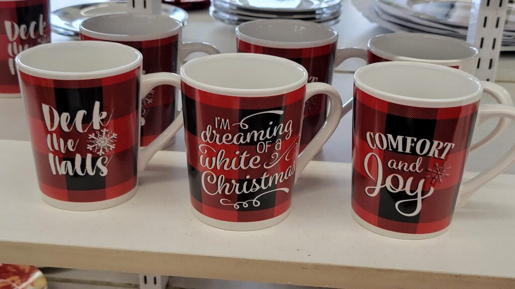 red and black checked mugs