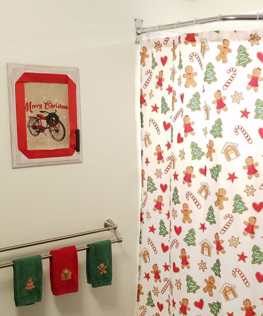 Christmas shower curtain, towels