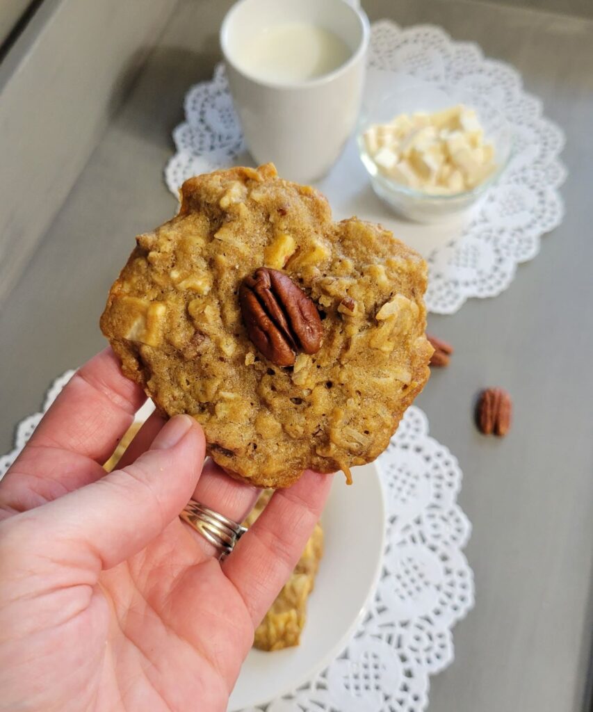 peppermint pecan oatmeal coconut cookie in hand