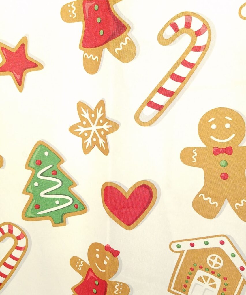 Gingerbread tree, candy cane, heart, house, man, girl