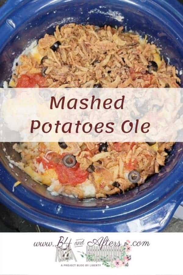 mashed potatoes with salsa, black olives, and french friend onions