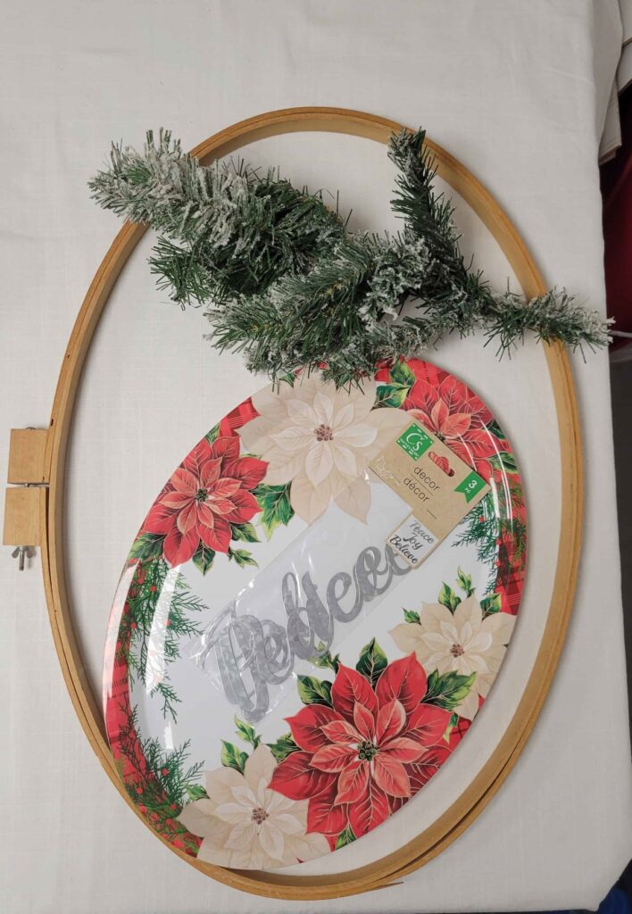 Christmas dollar tree oval platter, oval hoop, and tree branch