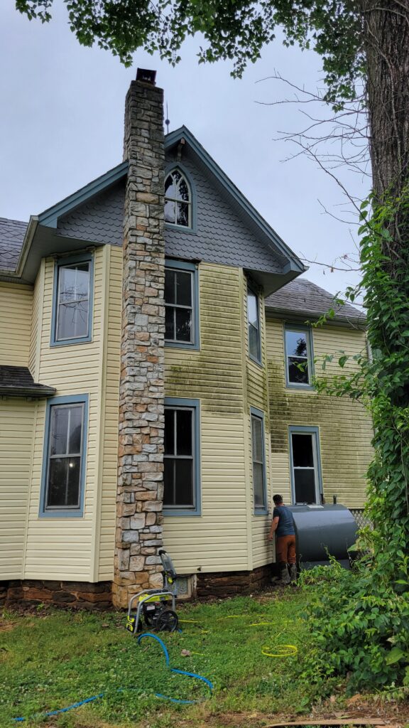 during pressure washing on green mold house