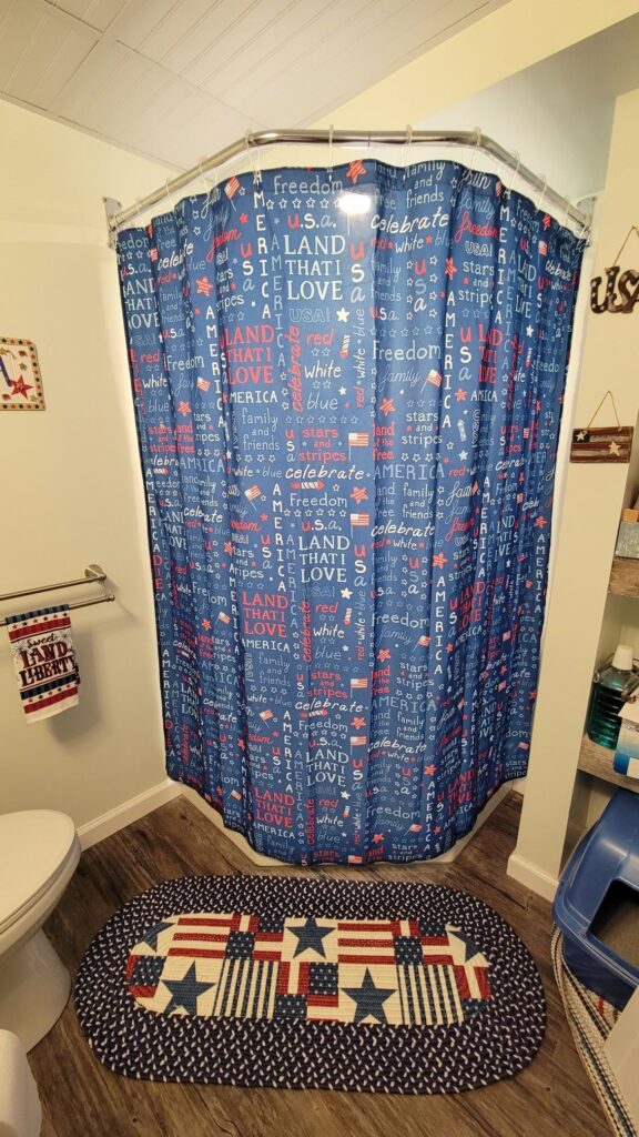 bathroom decorated in red white and blue