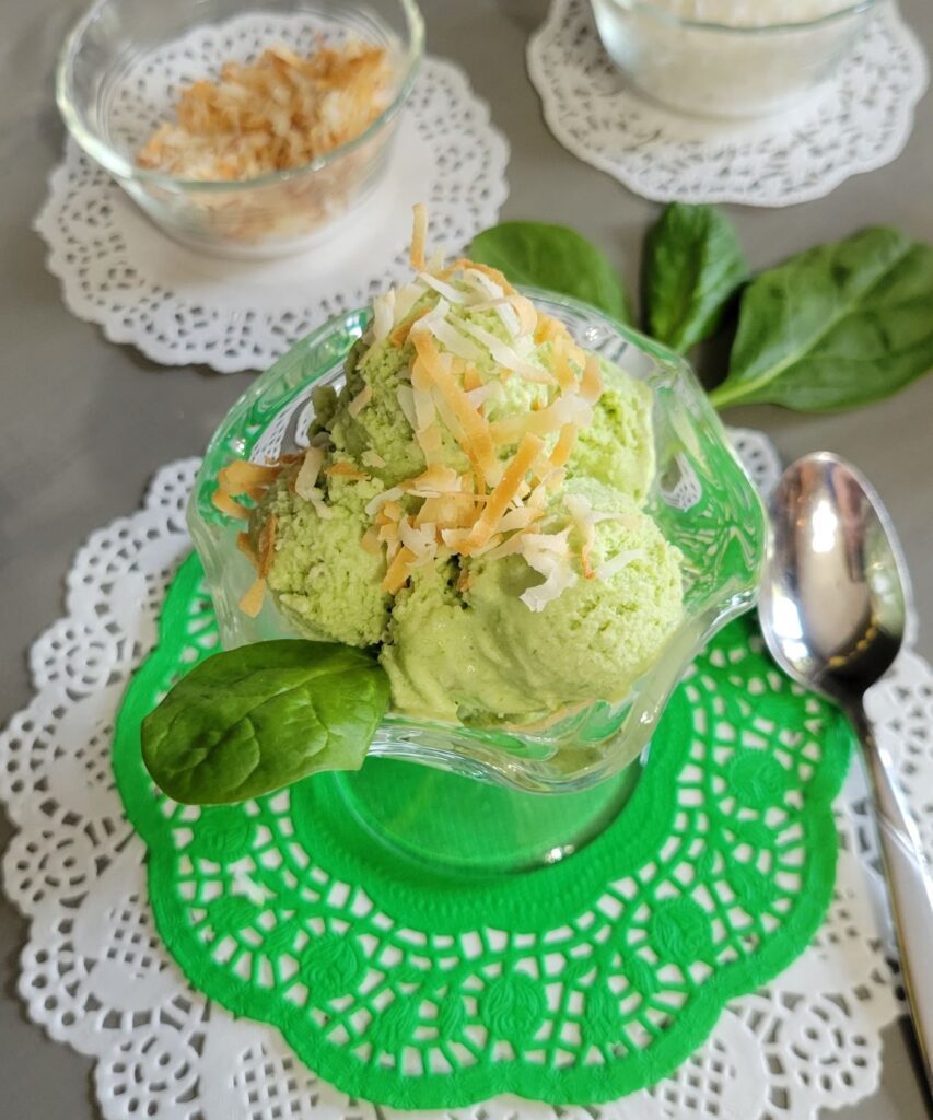 green ice cream with toasted coconut on top