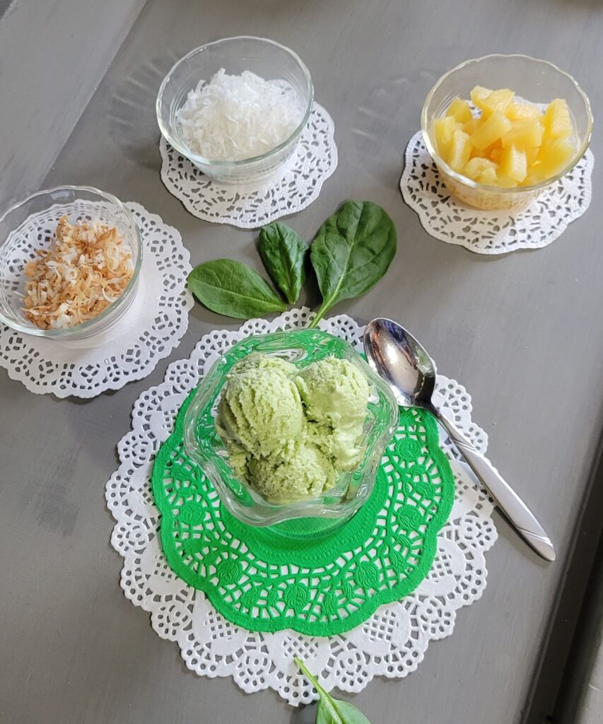 pineapple, coconut, green ice cream