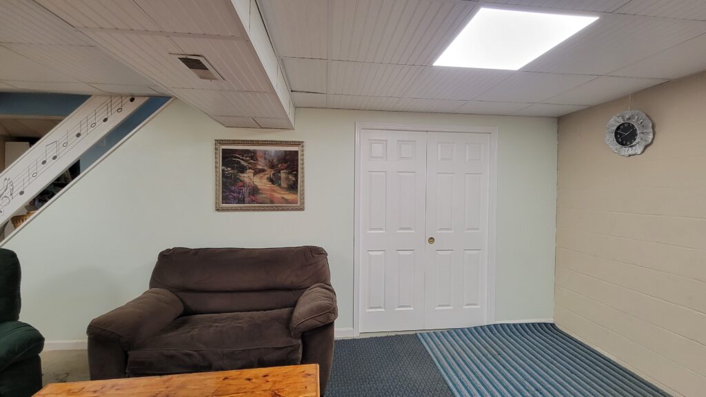 basement beadboard ceiling and pocket doors