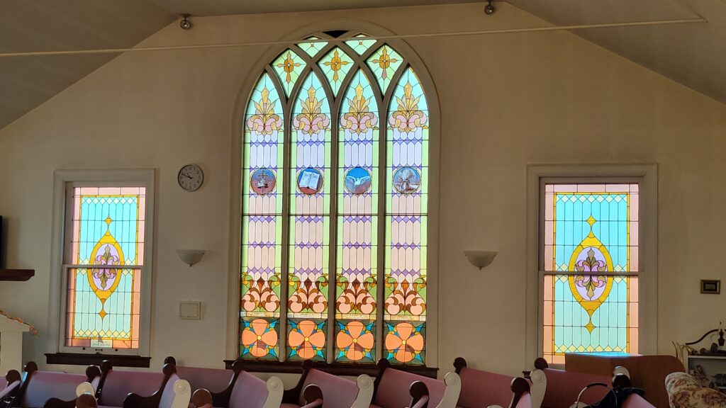 stained glass windows insidie a church