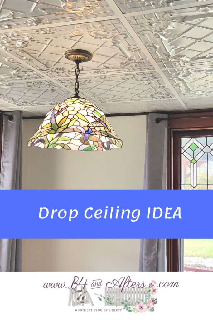 drop ceiling with stained glass chandelier