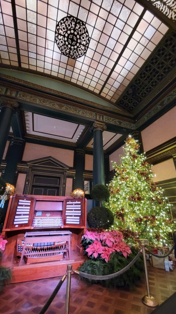 organ with pink ceiling at Chrismtas time