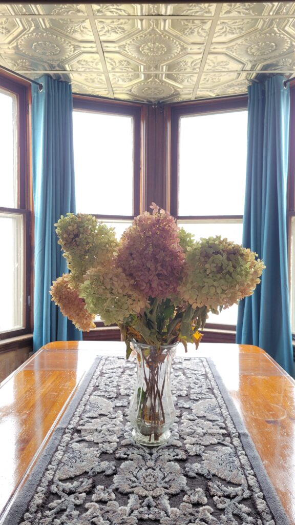 dried hydrangeas on dining room table