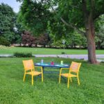 painted yellow and blue patio furniture
