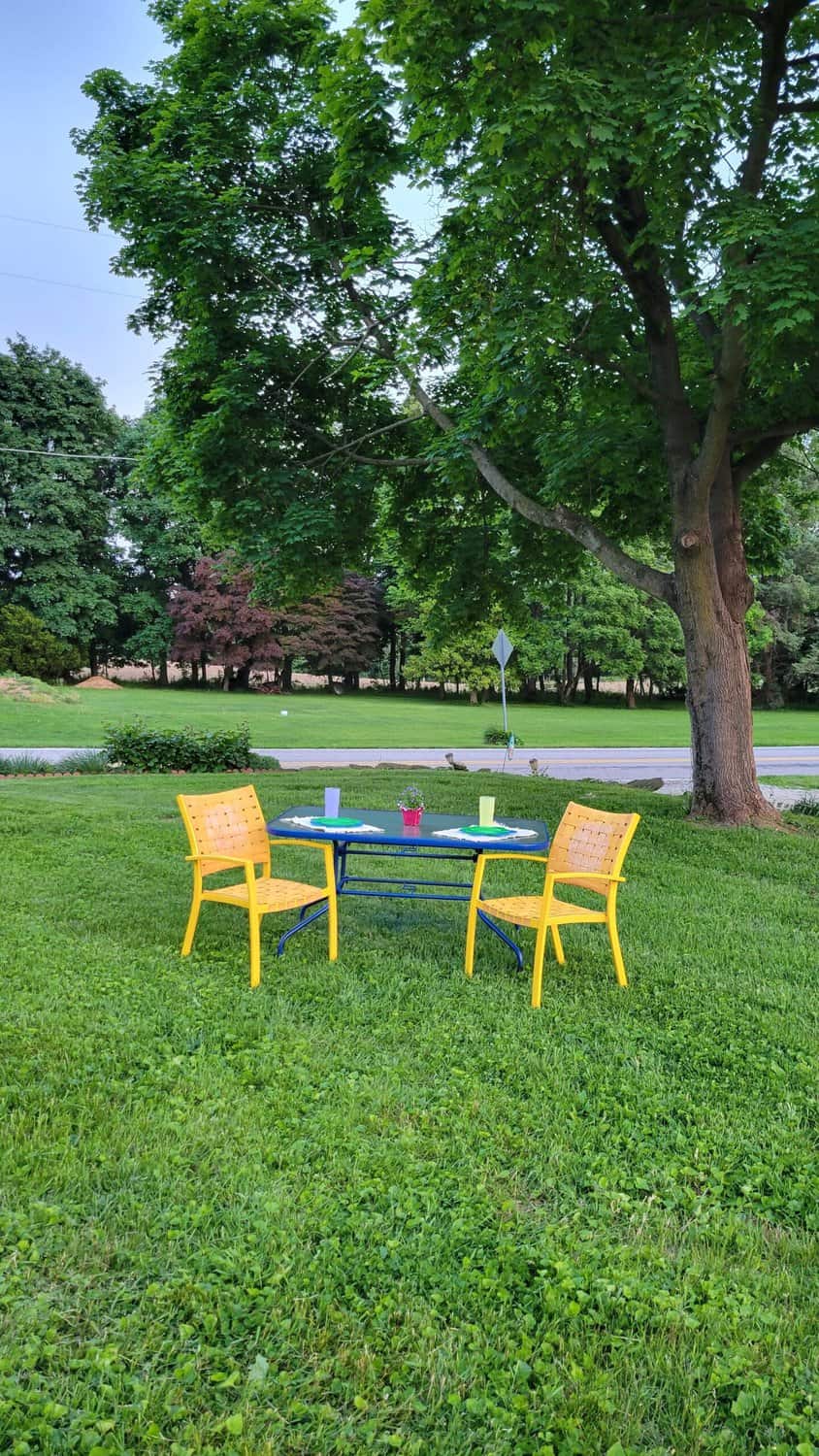 painted yellow and blue patio furniture