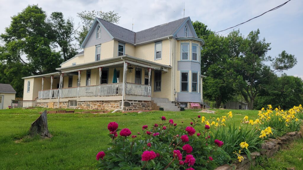 house and peonies