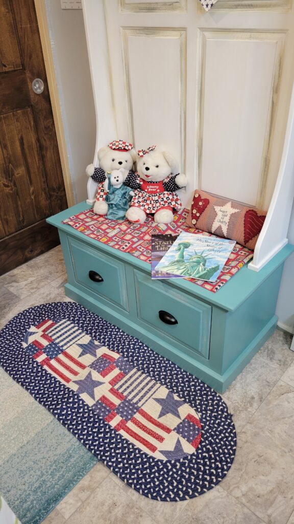 hall bench with American patriotic decor