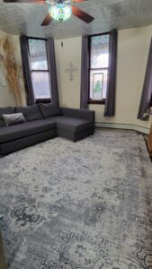 gray and white area rug in living room