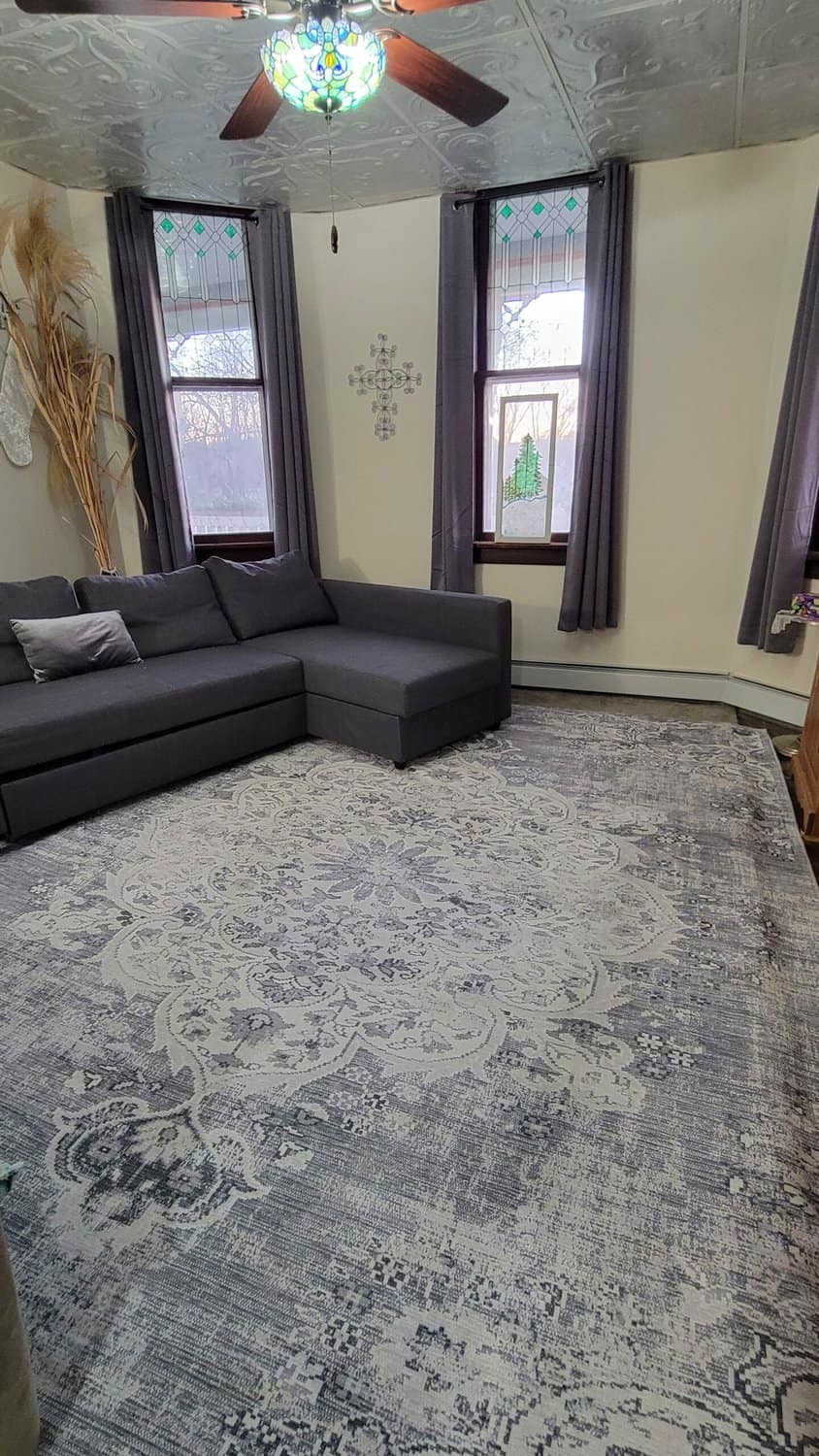 gray and white area rug in living room