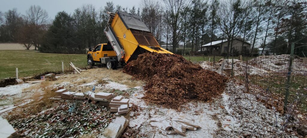 Leaves being dumped in garden from big yellow truck