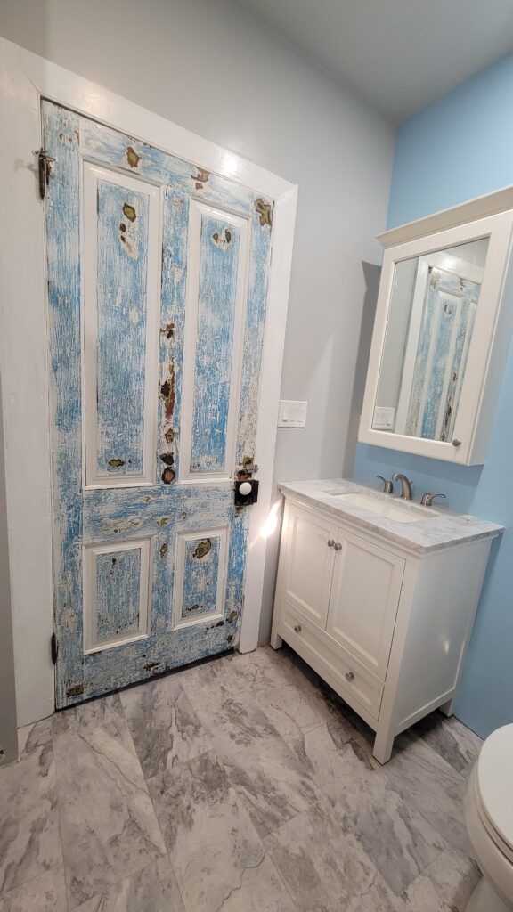 blue and white bathroom remodel