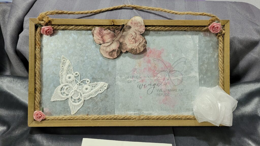 pink butterfly rustic sign with mod podge napkin from Christian Craft paper company