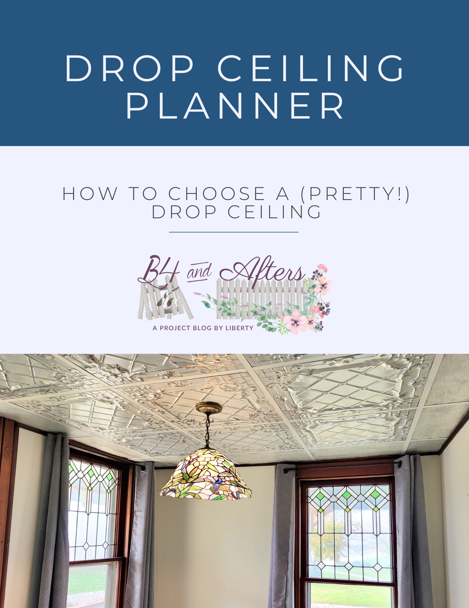 tin tile drop ceiling with stained glass light and windowns