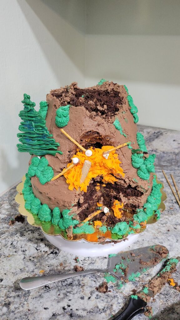 partially eaten campfire birthday cake
