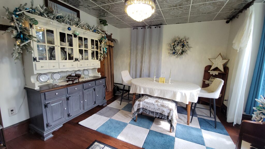 hutch decorated for Christmas