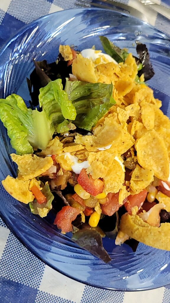 fritos, salsa, salad